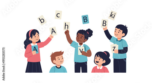 A vector illustration of a diverse group of five happy children holding up various alphabet cards, promoting early childhood education and literacy.