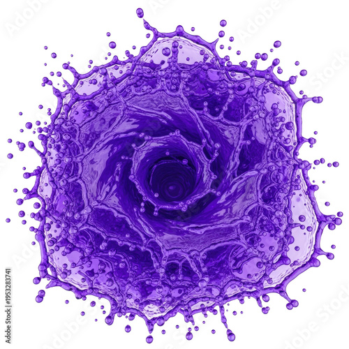 highly saturated royal purple liquid abstract sculpture, captured hyper-realistically in a dynamic frozen explosion on a transparent background. concept for dynamic kinetic energy