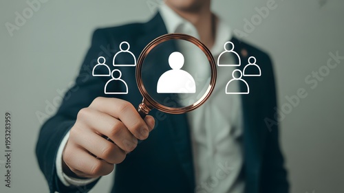 Business professional searching for the right candidate using a magnifying glass on virtual people