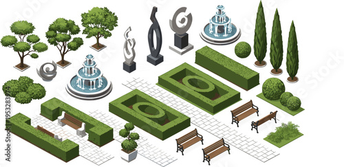 Isometric Garden and Park Landscape Set Featuring Fountains, Sculptures, Trees, and Decorative Greenery
