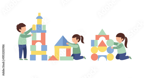 Three children are shown building tall towers and small houses using colorful geometric toy blocks in a clean, flat-style vector illustration.