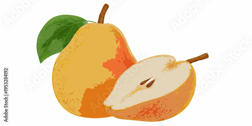 A vibrant illustration of a whole pear and a sliced half