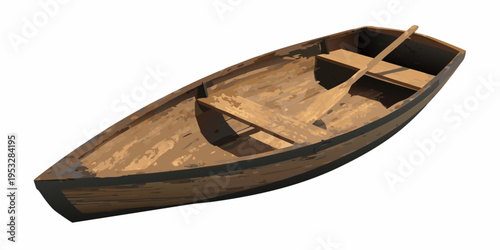 An isolated weathered wooden rowboat with a single oar inside