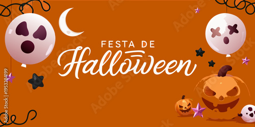 Festive halloween decorations including ghosts pumpkins and crescent moon