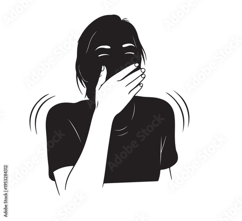 An expressive monochrome illustration capturing a person joyfully suppressing a burst of laughter, hand covering mouth, shoulders shaking with amusement and delight