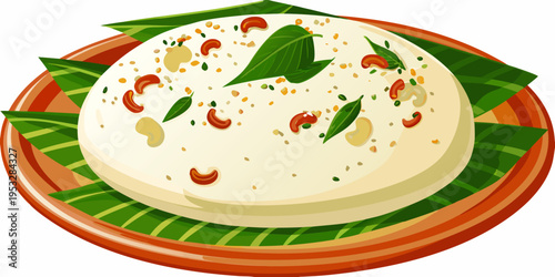 A vibrant illustration of idli with sambar and garnish on a plate