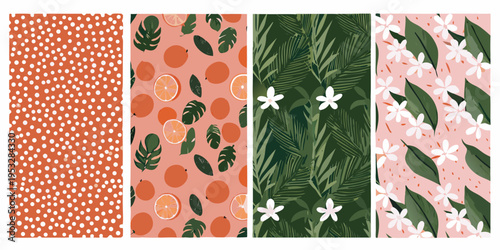 Four vibrant vertically arranged seamless patterns with tropical and floral themes