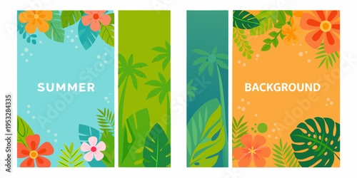 Four vibrant vertical banners featuring tropical flowers and lush foliage