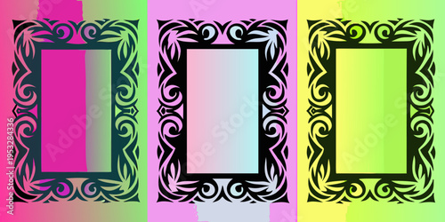 Three brightly colored frames with intricate black ornamental designs