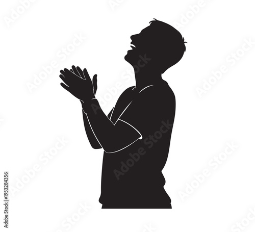 Silhouette of a man with his head thrown back in laughter, hands clasped together in a gesture of joy and exultation