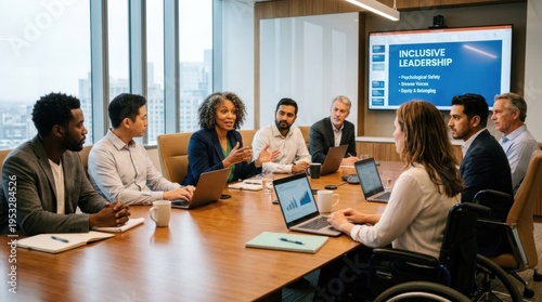 A diverse group of business professionals in a conference room, discussing an inclusive leadership topic.