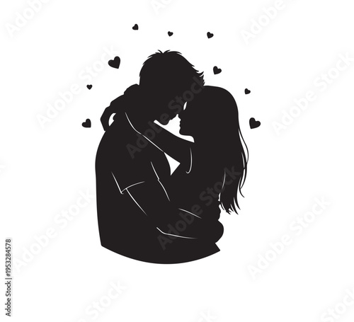 A romantic silhouette of a loving couple embracing, symbolizing deep affection, romance, and togetherness. Capturing emotional connection with heart accents
