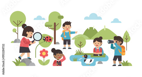 A group of curious children explore a vibrant natural landscape, using tools like magnifying glasses and binoculars to discover wildlife and plants.