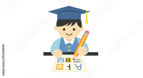 An adorable young student wearing a blue graduation cap and vest sits at a desk, practicing his alphabet with a large orange pencil.