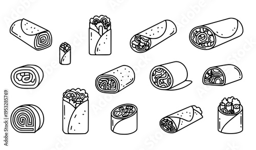 Line art rolled food icons set with burritos wraps and spring rolls modern outline vector pack