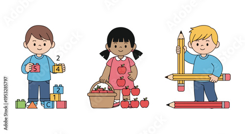 This vector illustrates three diverse children engaged in learning activities with building blocks, a basket of apples, and oversized pencils.