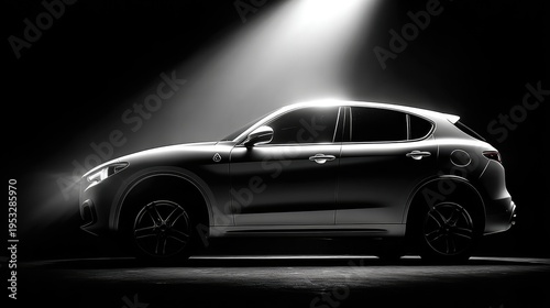 Luxury SUV in Dramatic Monochrome Lighting Captured in Studio Setting