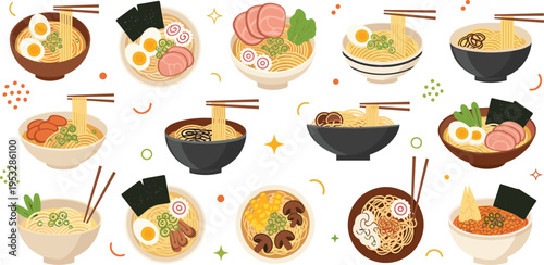 Flat vector illustration set of various Japanese ramen noodle bowls with delicious toppings like eggs pork and seaweed isolated on white background for restaurant menus.