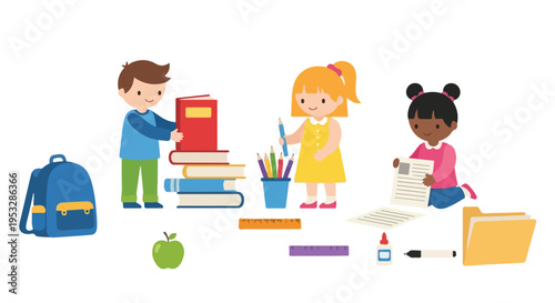 Three diverse children are shown organizing various school supplies such as books, pencils, and folders in this vibrant vector illustration.