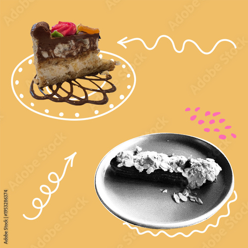A slice of chocolate cake and an eclair on a plate with hand-drawn arrows. Trendy halftone collage. Dessert menu design. Baked goods concept for cafe advertising and a culinary blog. Creative food
