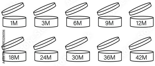 PAO Icon Set. Period after opening icons collection. PAO symbol 1m, 3m, 6m, 9m, 12m, 18m, 24m, 30m, 36m, 42m. Cosmetic open period month symbol. Vector illustration. 