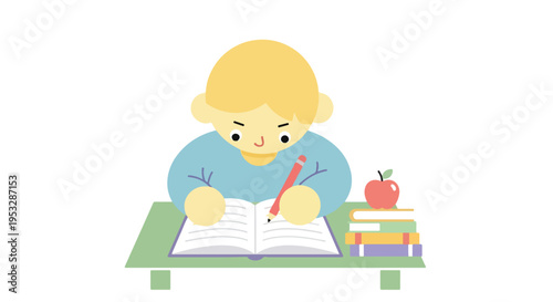 A blond student is diligently writing in a notebook at a green desk, which also holds a stack of books and a red apple on top of them.