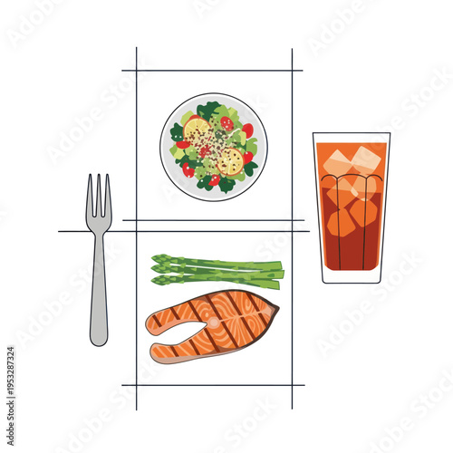 Healthy Salmon Meal with Salad and Asparagus.