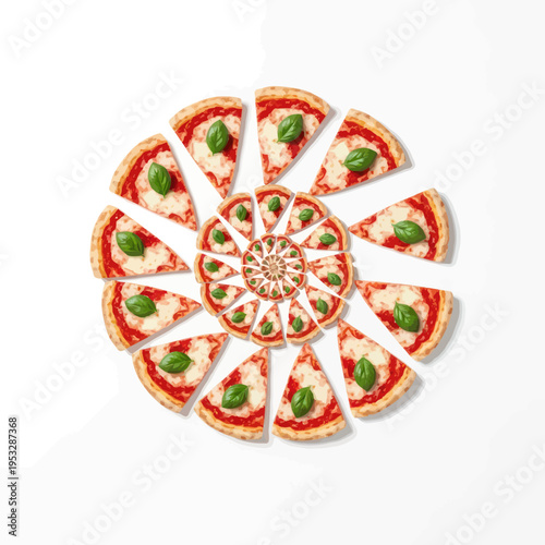 Artistic arrangement of sliced pizza in a circular pattern.