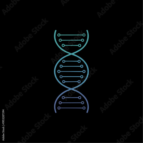 Glowing dna helix icon in blue neon gradient on deep black background with minimalist lines futuristic biotech symbol for genetics research medical innovation data science and tech design