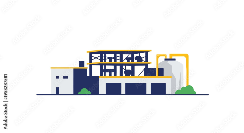 Fototapeta premium Modern Industrial Factory Building Flat Design Illustration for Manufacturing and Production