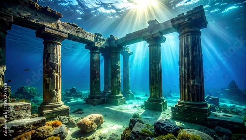 Sunlit underwater vista showcasing submerged classical architecture, revealing remnants of columns and structures