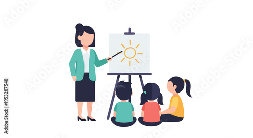 In this illustration, a teacher uses a pointer to show a sun on an easel to three young children sitting on the floor in a bright classroom.