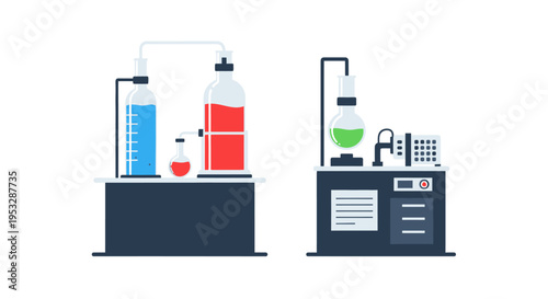 Flat design illustration of scientific laboratory equipment for chemical experiments and research processes