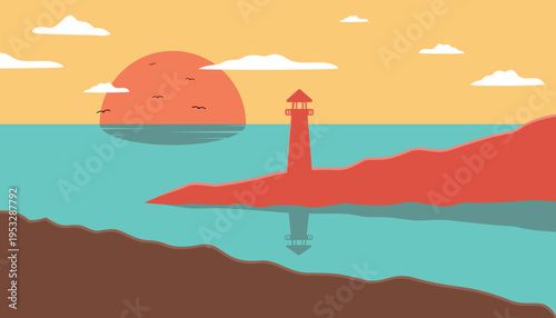 Minimalist lighthouse at sunset vector illustration, coastal seascape with ocean, sun and horizon background