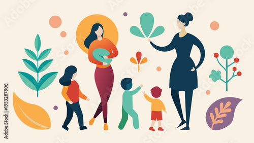 Abstract Motherhood and Family Scene with Botanical Vector Shapes
