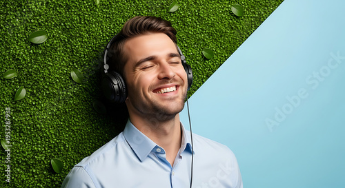 man in headphones blissfully enjoying music eyes closed in relaxation against a green wall and blue background.