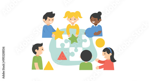 Six diverse children are collaborating to solve a puzzle and arrange colorful shapes around a light blue table in a friendly atmosphere.