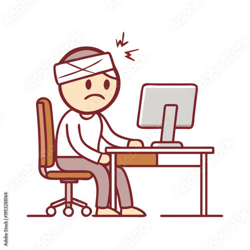 Tired and sad cartoon man with a head bandage, sitting in an office chair next to a computer, illustrating work-related stress, burnout, or illness.