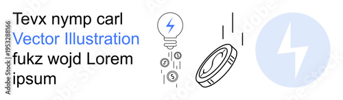 Finances, renewable energy, technology, cryptocurrency, innovation, digital economy. Lightbulb, coin and minimalist symbols. Cryptocurrency and renewable energy concept