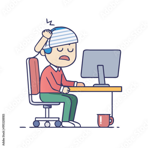 Tired and sad cartoon man with a head bandage, sitting in an office chair next to a computer, illustrating work-related stress, burnout, or illness.