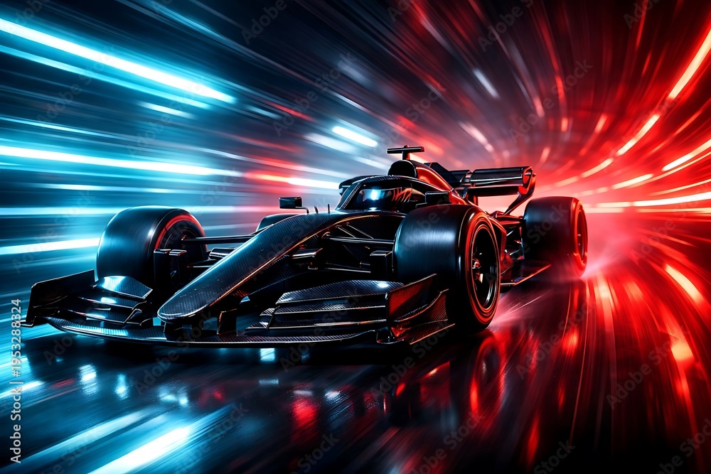 Naklejka premium Modern Formula Race Car with Vibrant Red and Blue Light Trails