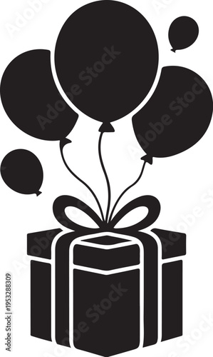 Black gift box with balloons present