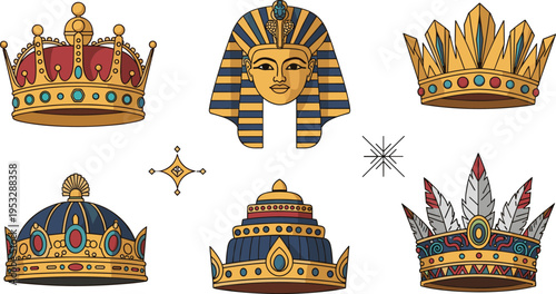 Ancient Crown Illustration Set with Egyptian Pharaoh Headdress, Royal Gold Tiaras and Tribal Feather Crowns for Historical and Cultural Design Collection
