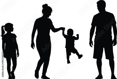 Happy family silhouette with father, mother holding toddlers hand, daughter standing, parents and children walking, together on white background, parenting.