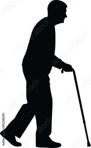 Silhouette of senior man walking with cane, elderly male figure on white background, geriatric health, mobility assistance, retirement, disability, aging.