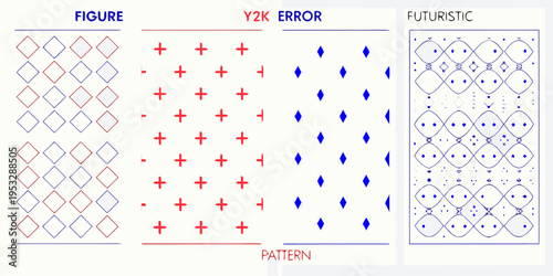 Abstract geometric patterns in red blue and light blue labeled y2k error