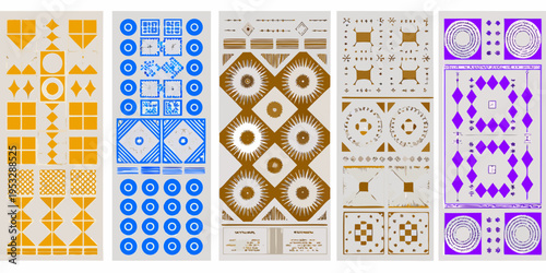 A series of six vertically oriented textile inspired design panels