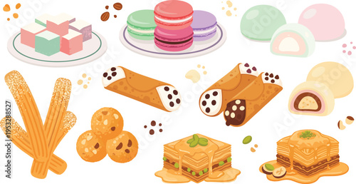 Assorted Sweet Desserts Collection with Macarons Mochi Baklava Churros Cannoli Cookies and Turkish Delight Vector Illustration