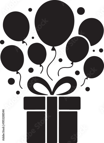 Black gift box with tied bow and floating balloons
