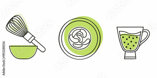 Minimalist illustration of matcha whisk bowl and a frothy green drink